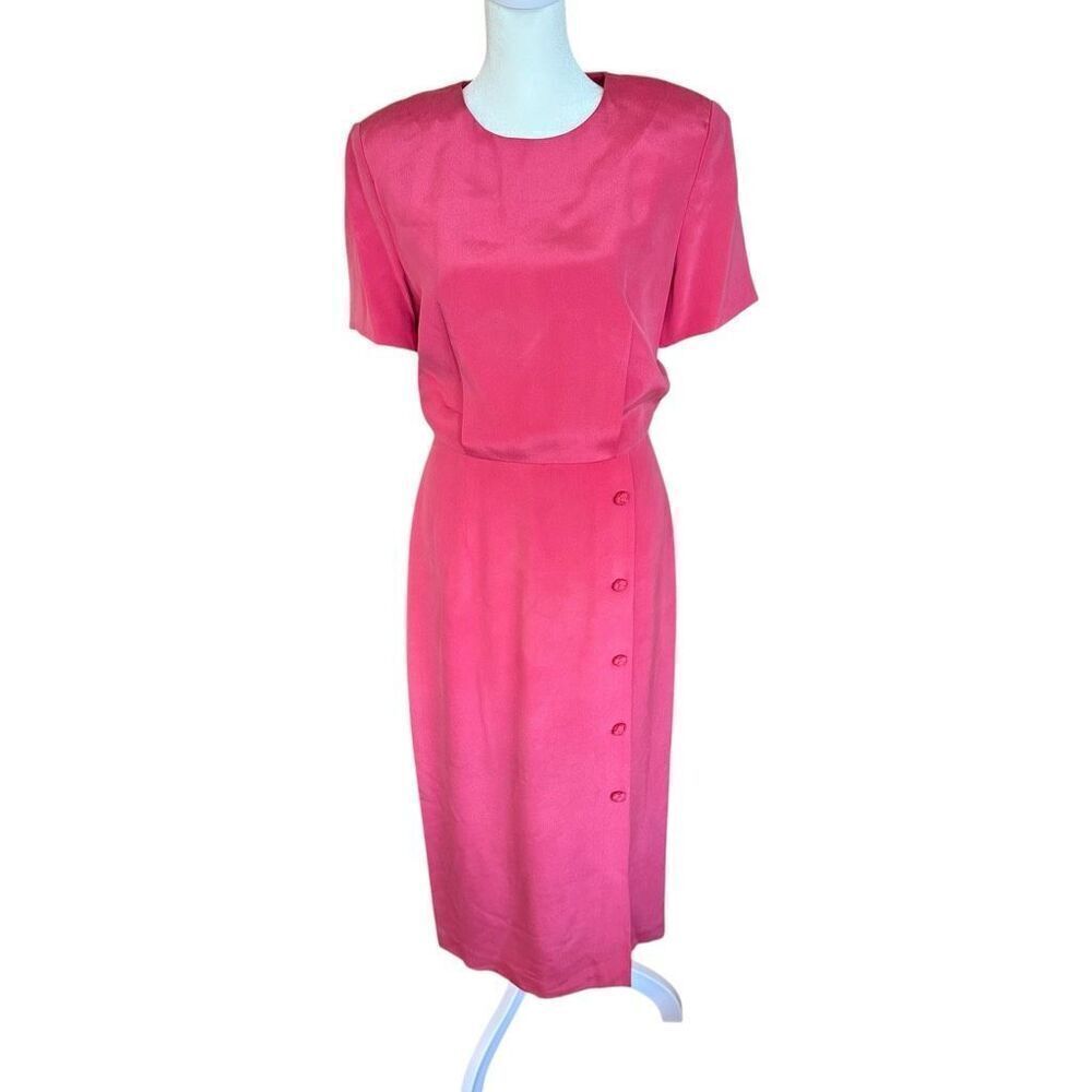 Vintage 100% Silk Hot Pink Midi Dress